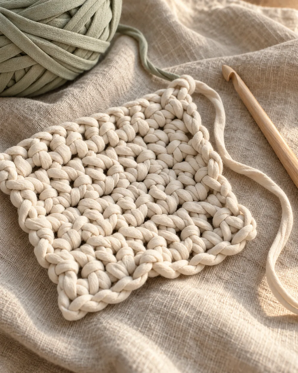 Composición conceptual de una muestra de tejido con trapillo claro y una aguja de crochet de madera.